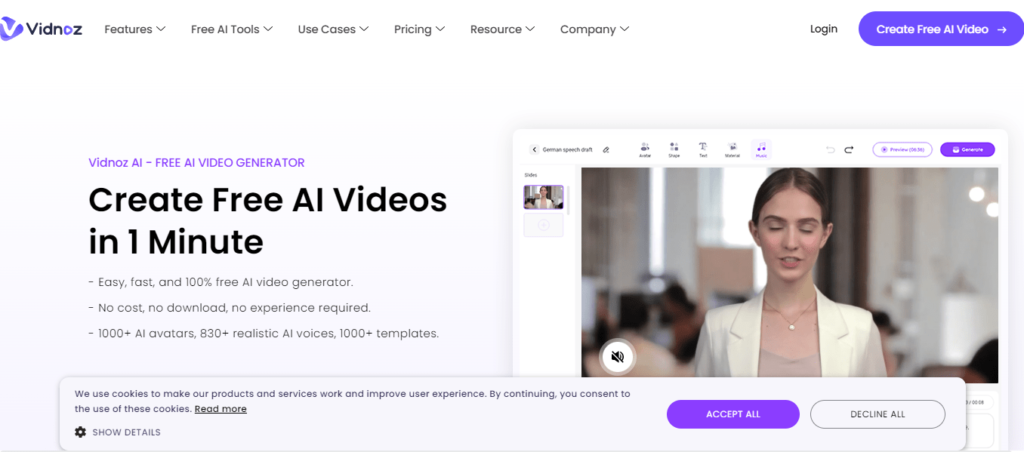 Vidnoz AI is a powerful, free AI video generator that simplifies the video creation process.