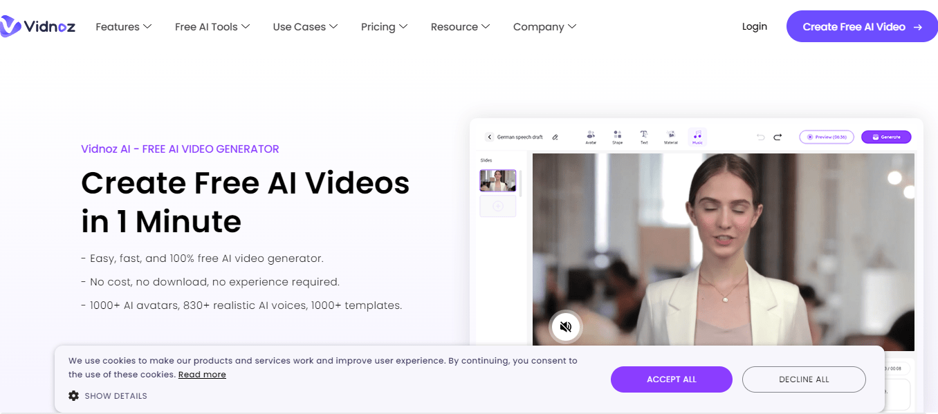 Vidnoz AI is a powerful, free AI video generator that simplifies the video creation process.