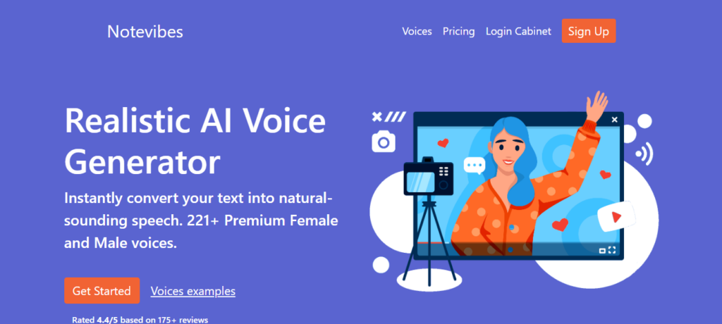 Notevibes text-to-speech interface showcasing realistic AI voice generator with multiple language options.